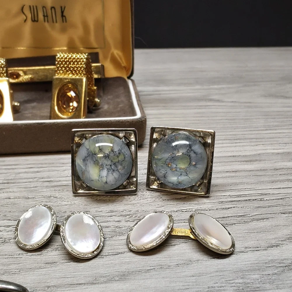 6 Vintage Mens Cufflinks Sets Lot Swank Mesh Watch Face Mother of Pearl Tie Clip